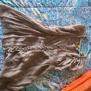 Brown Ruffle-Front Linen Dress